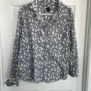 Long sleeve. Three quarter button front. Navy and white flower design by J Crew